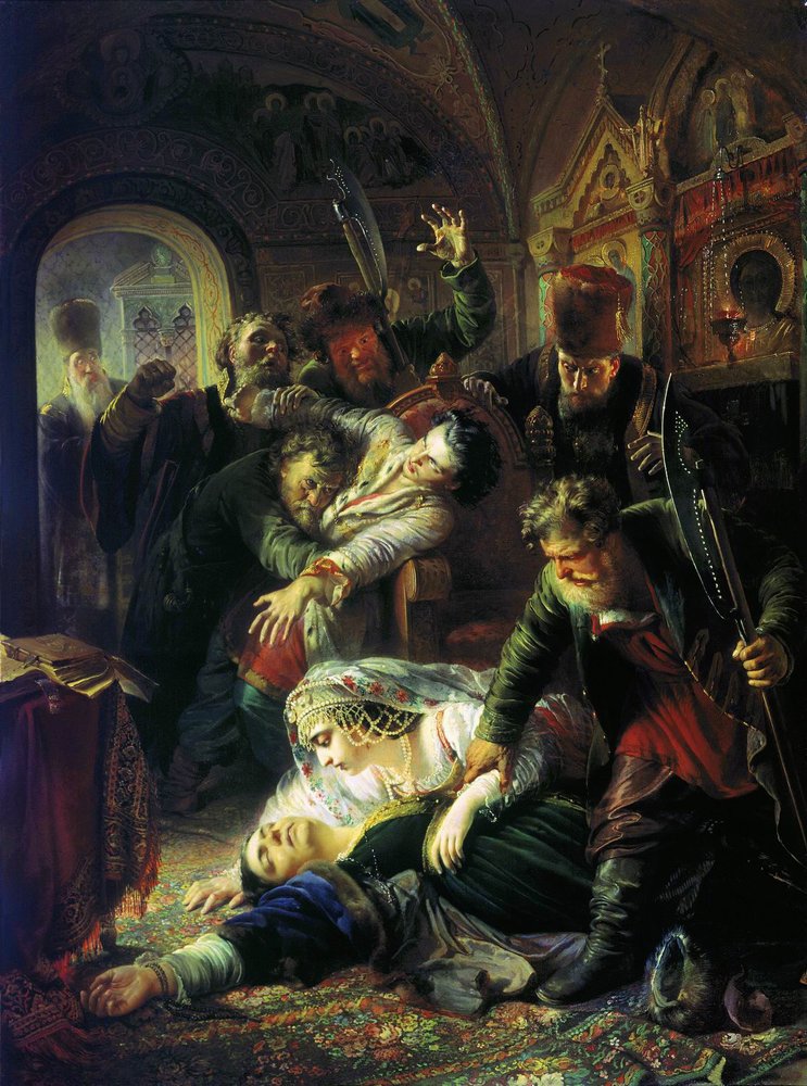 «Агенты Дмитрия Самозванца убивают сына Бориса Годунова». Константин Маковский, 1862