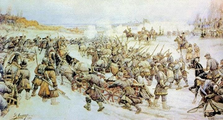 «Войско Болотникова под Москвой» Начало боя отрядов И. И. Болотникова с войсками царя у Нижних Котлов под Москвой. Эрнест Лисснер, до 1941